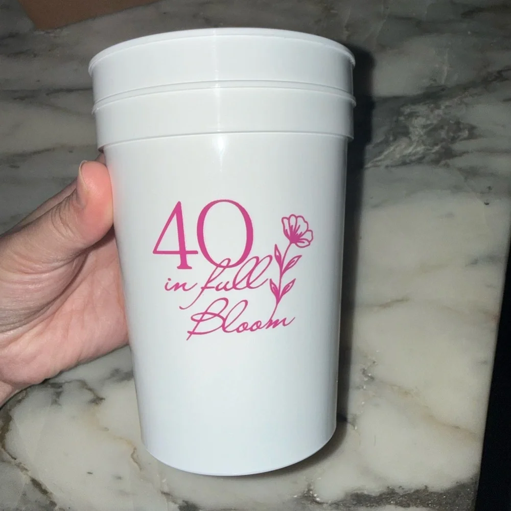 ‘40 in full Bloom’ Custom White and Pink Floral Stadium Cup